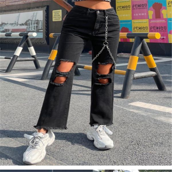 hirigin women's ripped jeans side metal chain pockets trousers high waist pants for female summer sping, Blue
hirigin women's ripped jeans side metal chain pockets trousers high waist pants for female summer sping, Blue