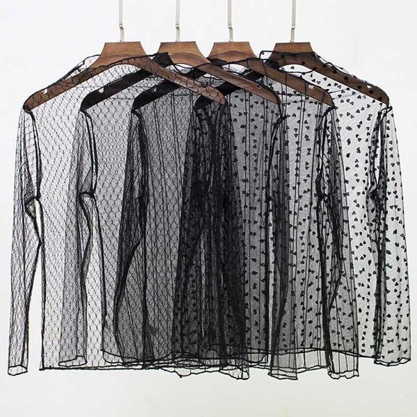 women's t-shirt spring summer women lace tee mesh see-through long sleeve black dot star striped shirt clothing, White
women's t-shirt spring summer women lace tee mesh see-through long sleeve black dot star striped shirt clothing, White