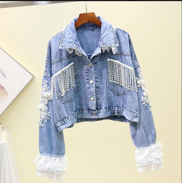 women's jackets spring/autumn heavy pearl bead tassel lace embroidered short denim women blue jeans coat student loose outwear, Black;brown
women's jackets spring/autumn heavy pearl bead tassel lace embroidered short denim women blue jeans coat student loose outwear, Black;brown