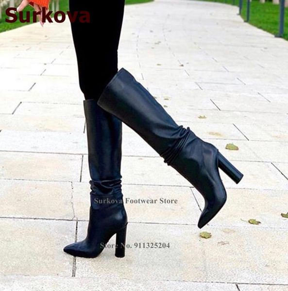 boots surkova designer black leather chunky heel pointed toe knee pleated slip-on dress shoes women outdoor gladiator pumps
boots surkova designer black leather chunky heel pointed toe knee pleated slip-on dress shoes women outdoor gladiator pumps