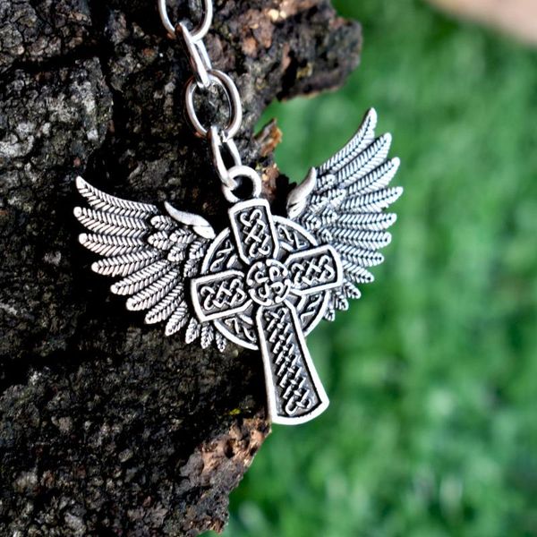 keychains sanlan 1pcs celtics knot cross wing keychain, Silver