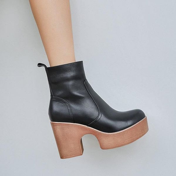 high heel 9 cm ankle boots thick bottom cow leather platform shoes round toe zipper women for fashion show, Black
high heel 9 cm ankle boots thick bottom cow leather platform shoes round toe zipper women for fashion show, Black