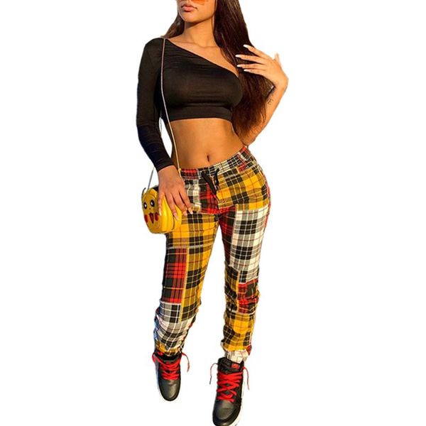women color block trousers, adults casual style plaid pants with drawstring (yellow) women's & capris, Black;white
women color block trousers, adults casual style plaid pants with drawstring (yellow) women's & capris, Black;white