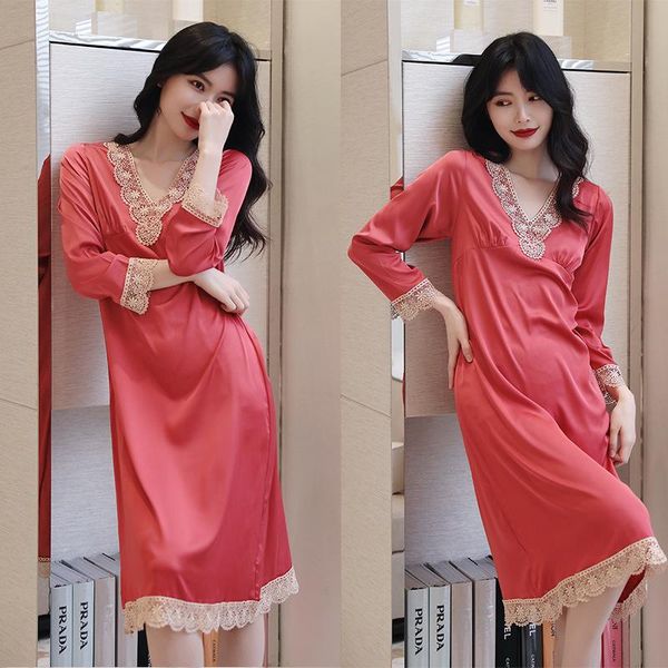spring summer loose nightgown women lace trim long sleeve nightdress sleepwear thin soft faux silk satin home dress women's, Black;red
spring summer loose nightgown women lace trim long sleeve nightdress sleepwear thin soft faux silk satin home dress women's, Black;red