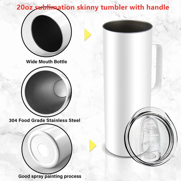 20oz sublimation white blank straight skinny tumbler with hanlde sublimatable stainless steek coffee mug with pp straw leakproof lid
20oz sublimation white blank straight skinny tumbler with hanlde sublimatable stainless steek coffee mug with pp straw leakproof lid