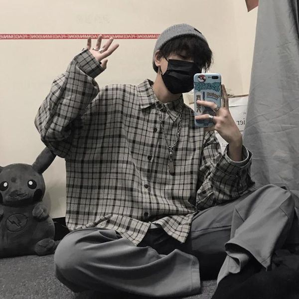 men's casual shirts mens plaid shirt 2021 korean fashion street style loose retro clothing, White;black
men's casual shirts mens plaid shirt 2021 korean fashion street style loose retro clothing, White;black