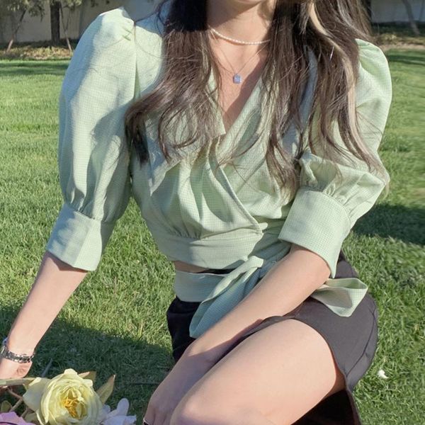 women's polos summer sweet casual blouse shirt for women korean 2021 designer elegant french v-neck green puff sleeve, White
women's polos summer sweet casual blouse shirt for women korean 2021 designer elegant french v-neck green puff sleeve, White