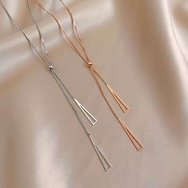 pendant necklaces 2021 new titanium steel triangle tassel clavicle chain light luxury minority unique design ins style factory direct supply, Silver
pendant necklaces 2021 new titanium steel triangle tassel clavicle chain light luxury minority unique design ins style factory direct supply, Silver