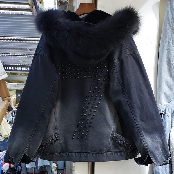 women's jackets fashion winter real fur hooded coat women thick warm denim punk style rivets fleece liner outerwear street casual coats, Black;brown
women's jackets fashion winter real fur hooded coat women thick warm denim punk style rivets fleece liner outerwear street casual coats, Black;brown
