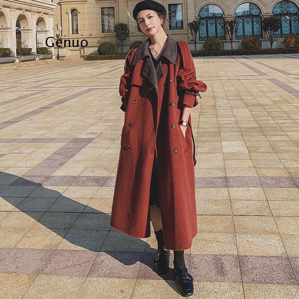 women's wool & blends winter woolen coat 2021 stitching contrast color thickening long loose lapel single breasted waist fashion jacket, Black
women's wool & blends winter woolen coat 2021 stitching contrast color thickening long loose lapel single breasted waist fashion jacket, Black
