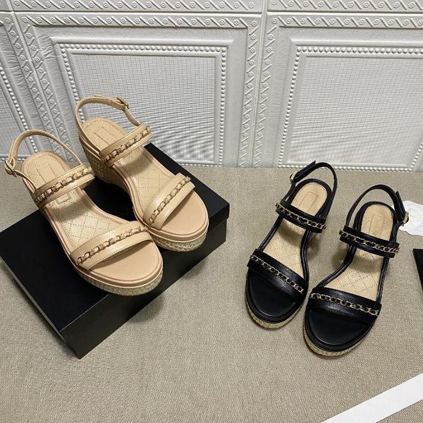 women summer handmade sandals ladies round toe wedge heels metal chain height increasing zapatillas mujer dress shoes, Black