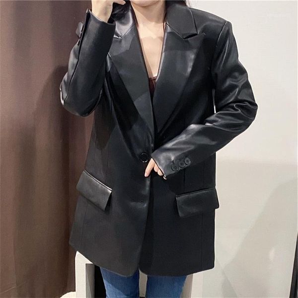 women's jackets s2 2021 autumn loose and thin lapel imitation leather casual suit coat for women, Black;brown
women's jackets s2 2021 autumn loose and thin lapel imitation leather casual suit coat for women, Black;brown