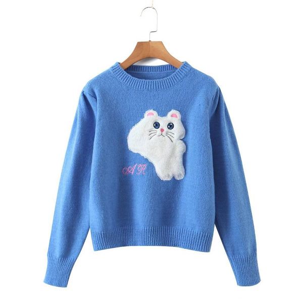 women's sweaters retro blue cat patch pullover sweater women autumn o-neck short cute street clothing, White;black
women's sweaters retro blue cat patch pullover sweater women autumn o-neck short cute street clothing, White;black