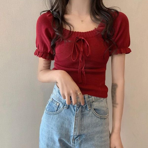women's t-shirt daxin summer women t shirts square collar casual sweet ladies slim knitted short sleeve female crop shirt, White
women's t-shirt daxin summer women t shirts square collar casual sweet ladies slim knitted short sleeve female crop shirt, White