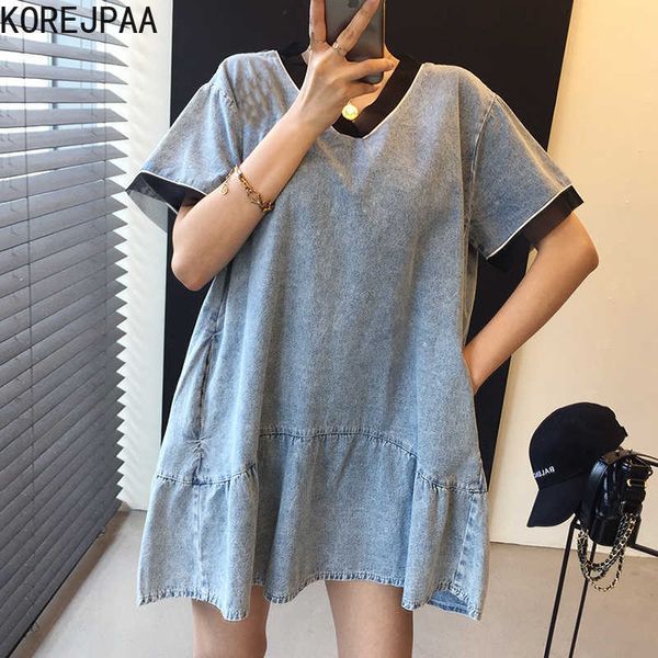 korejpaa women dress summer korean chic niche retro v-neck contrast stitching loose short-sleeved washed blue denim vestido 210526, Black;gray
korejpaa women dress summer korean chic niche retro v-neck contrast stitching loose short-sleeved washed blue denim vestido 210526, Black;gray