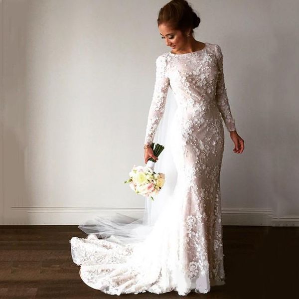 vintage scoop neck long sleeves lace mermaid wedding dress bridal gowns with flower applqius sweep train bride dresses, White
vintage scoop neck long sleeves lace mermaid wedding dress bridal gowns with flower applqius sweep train bride dresses, White