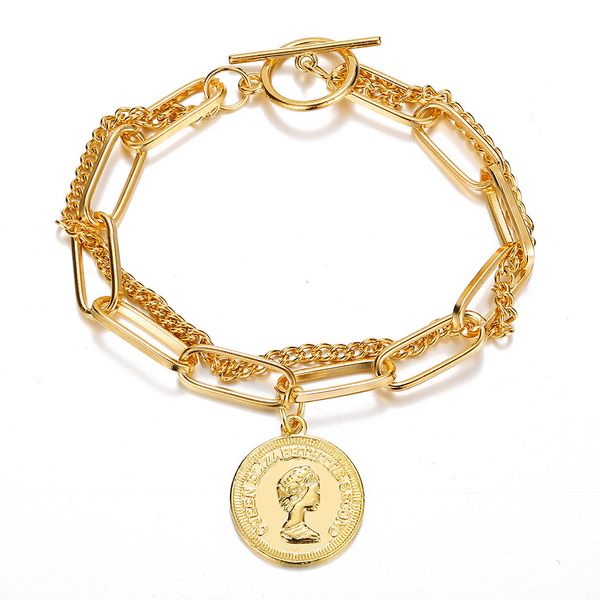53017 double layer personality ot buckle portrait round pendant bracelet simple chain bracelet, Silver
53017 double layer personality ot buckle portrait round pendant bracelet simple chain bracelet, Silver