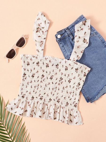 ditsy floral ruffle trim shirred e6de#, White
ditsy floral ruffle trim shirred e6de#, White