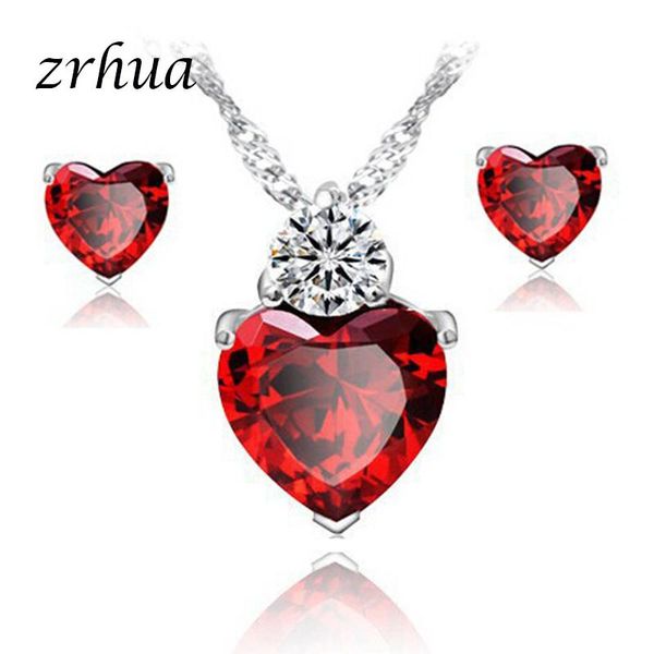 earrings & necklace red/purple/white crystal zircon jewelry sets heart rhinestone bridal for women party christmas gift, Silver 
earrings & necklace red/purple/white crystal zircon jewelry sets heart rhinestone bridal for women party christmas gift, Silver