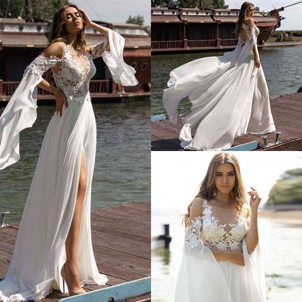 bohemian lace chiffon wedding dresses scoop backless appliques slit bridal gowns vestido de novia boho abito da sposa trouwjurk, White
bohemian lace chiffon wedding dresses scoop backless appliques slit bridal gowns vestido de novia boho abito da sposa trouwjurk, White