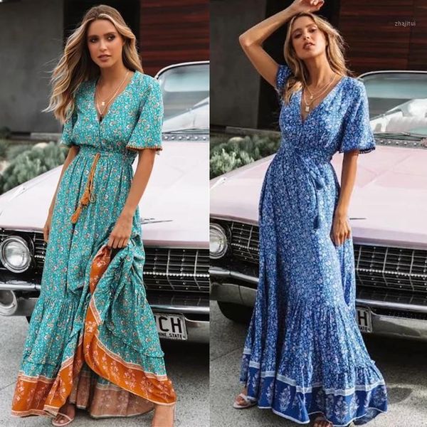 women's waist print dress spring summer bohemian v-neck beach skirt swing two piece, White
women's waist print dress spring summer bohemian v-neck beach skirt swing two piece, White