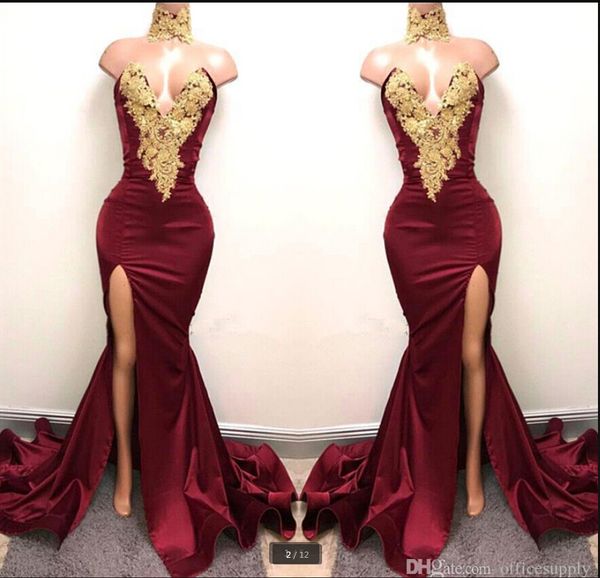 vestido de festa burgundy satin prom dresses with gold lace appliqued mermaid front split long party dress beaded deep v neck formal evening, Black
vestido de festa burgundy satin prom dresses with gold lace appliqued mermaid front split long party dress beaded deep v neck formal evening, Black