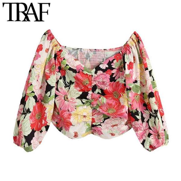 women sweet fashion floral print cropped blouses vintage v neck puff sleeve back elastic female shirts chic 210507, White
women sweet fashion floral print cropped blouses vintage v neck puff sleeve back elastic female shirts chic 210507, White
