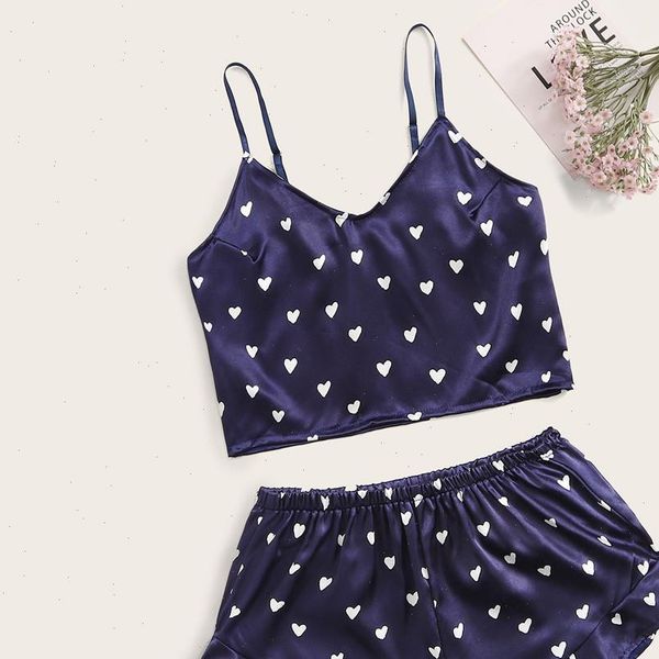 pyjamas pajamas heart print satin womens sleepwears camisole ruffled flounce shorts lingerie set, Black;red
pyjamas pajamas heart print satin womens sleepwears camisole ruffled flounce shorts lingerie set, Black;red