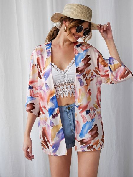 drop shoulder kimono r5ee#, White;black