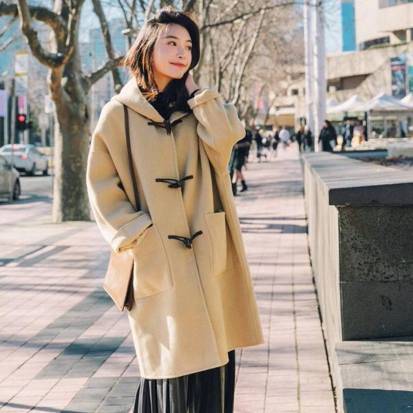 women's wool & blends elegant fashion coat female horn button hooded blend and jacket long solid winter clothes 2021, Black
women's wool & blends elegant fashion coat female horn button hooded blend and jacket long solid winter clothes 2021, Black
