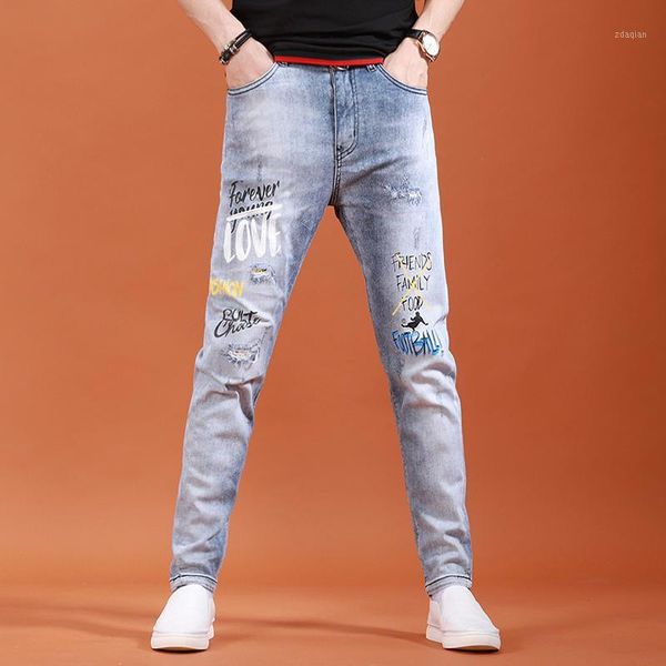 summer men light blue ripped printed jeans casual slim fit pencil pants streetwear thin denim trousers men's
summer men light blue ripped printed jeans casual slim fit pencil pants streetwear thin denim trousers men's