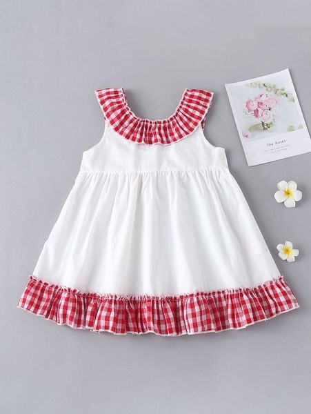 toddler girls gingham panel ruffle hem babydoll dress she, Red;yellow