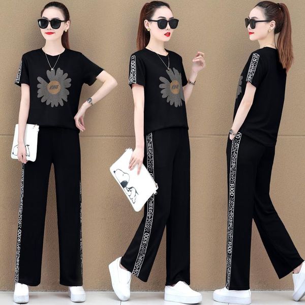 summer women's plus size fashion drilling daisy flowers t-shirt + leisure striped tall waist wide-legged pants suits two piece dress, White
summer women's plus size fashion drilling daisy flowers t-shirt + leisure striped tall waist wide-legged pants suits two piece dress, White