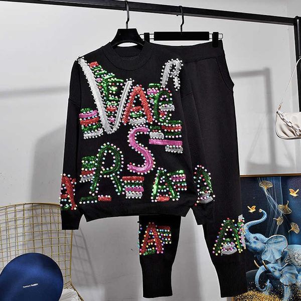 women's two piece pants fashion black white knitted tracksuit set women streetwear loose beading letter sequins knit sweater pencil out
women's two piece pants fashion black white knitted tracksuit set women streetwear loose beading letter sequins knit sweater pencil out