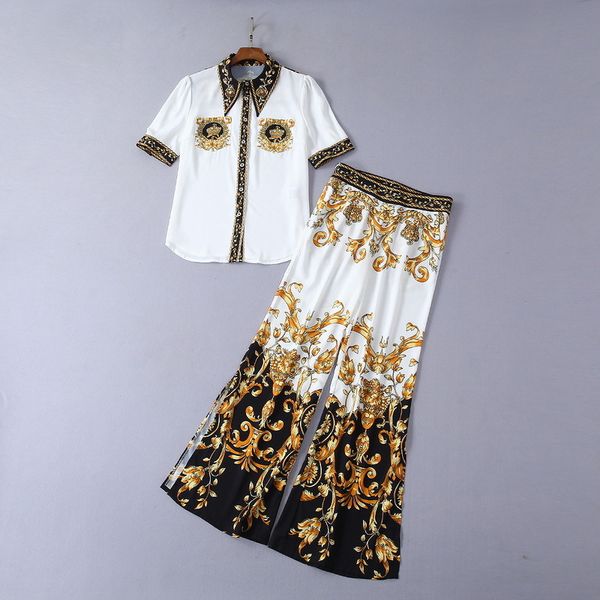 women's two piece pants new styles for women's clothing in the summer of short-sleeved beaded lapel shirt flared trousers printed, White
women's two piece pants new styles for women's clothing in the summer of short-sleeved beaded lapel shirt flared trousers printed, White