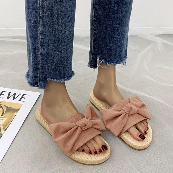 slippers beach bow straw women summer linen flip-flops shoes sandals chanclas mujer zapatos#3, Black