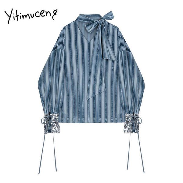 yitimuceng striped bow lace up blouse women sequins shirts loose spring fashion v-neck long sleeve office lady 210601, White 
yitimuceng striped bow lace up blouse women sequins shirts loose spring fashion v-neck long sleeve office lady 210601, White