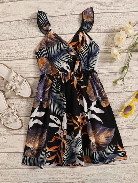 toddler girls 1pc tropical print ruffle trim dress she, Red;yellow 
toddler girls 1pc tropical print ruffle trim dress she, Red;yellow