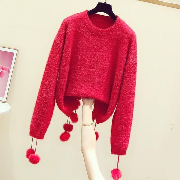 women's sweaters super fairy tassel ball stitching o neck long sleeve pullovers solid color female mink cashmere basic knit top, White;black
women's sweaters super fairy tassel ball stitching o neck long sleeve pullovers solid color female mink cashmere basic knit top, White;black