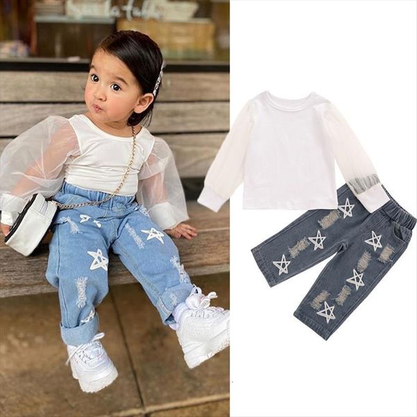 fashion toddler 2pcs clothes set kids baby girls summer girl mesh blouse ripped denim pants clothing suits, White
fashion toddler 2pcs clothes set kids baby girls summer girl mesh blouse ripped denim pants clothing suits, White