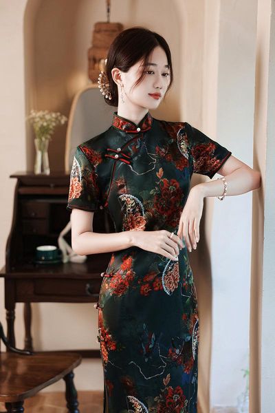 ethnic clothing traditional chinese floral print qipao women short sleeve novelty long silm split cheongsam, Red
ethnic clothing traditional chinese floral print qipao women short sleeve novelty long silm split cheongsam, Red