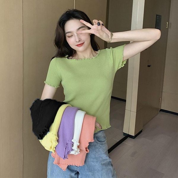women's t-shirt summer short-sleeved ice silk knitted korean style high waist sweet solid color tee shirt, White
women's t-shirt summer short-sleeved ice silk knitted korean style high waist sweet solid color tee shirt, White
