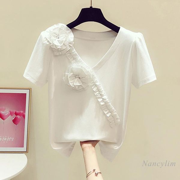 women's t-shirt three-dimensional flower ruffle v-neck t shirt women short sleeve cotton tees 2021 summer korean style girl ladies, White
women's t-shirt three-dimensional flower ruffle v-neck t shirt women short sleeve cotton tees 2021 summer korean style girl ladies, White