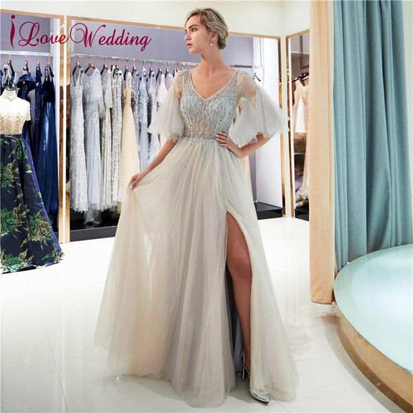 party dresses ilovewedding v neck silver beaded a line bell sleeves tulle side split formal evening long elegant, White;black
party dresses ilovewedding v neck silver beaded a line bell sleeves tulle side split formal evening long elegant, White;black