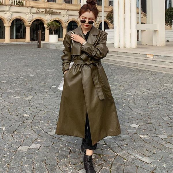 women's leather & faux 2021 autumn women's pu windbreaker fashion belt trench coat ladies elegant long coats veste femme s1372, Black
women's leather & faux 2021 autumn women's pu windbreaker fashion belt trench coat ladies elegant long coats veste femme s1372, Black