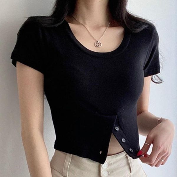 women's t-shirt kusahiki korean slim short woman t shirts button split graphic tee 2021 summer sleeve o-neck solid tshirt femme 6h290, White 
women's t-shirt kusahiki korean slim short woman t shirts button split graphic tee 2021 summer sleeve o-neck solid tshirt femme 6h290, White
