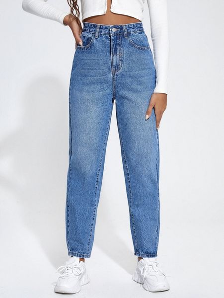 high waist washed mom jeans n0ys#, Blue