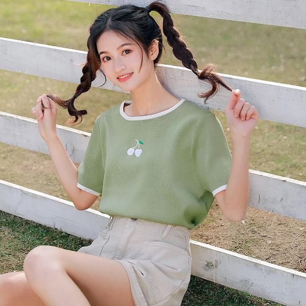 women's t-shirt chic khaki 2021 avocado green ice silk sweater half sleeve loose color matching short summer, White
women's t-shirt chic khaki 2021 avocado green ice silk sweater half sleeve loose color matching short summer, White