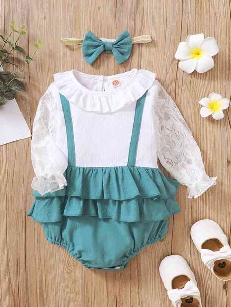 baby lace panel ruffle trim flounce sleeve two layer hem bodysuit with headband she, Blue
baby lace panel ruffle trim flounce sleeve two layer hem bodysuit with headband she, Blue