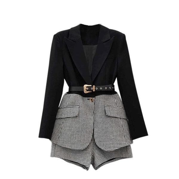 women stitching houndstooth shorts sashes black notched neck long sleeve suit two piece set fashion spring summer 210525, White
women stitching houndstooth shorts sashes black notched neck long sleeve suit two piece set fashion spring summer 210525, White
